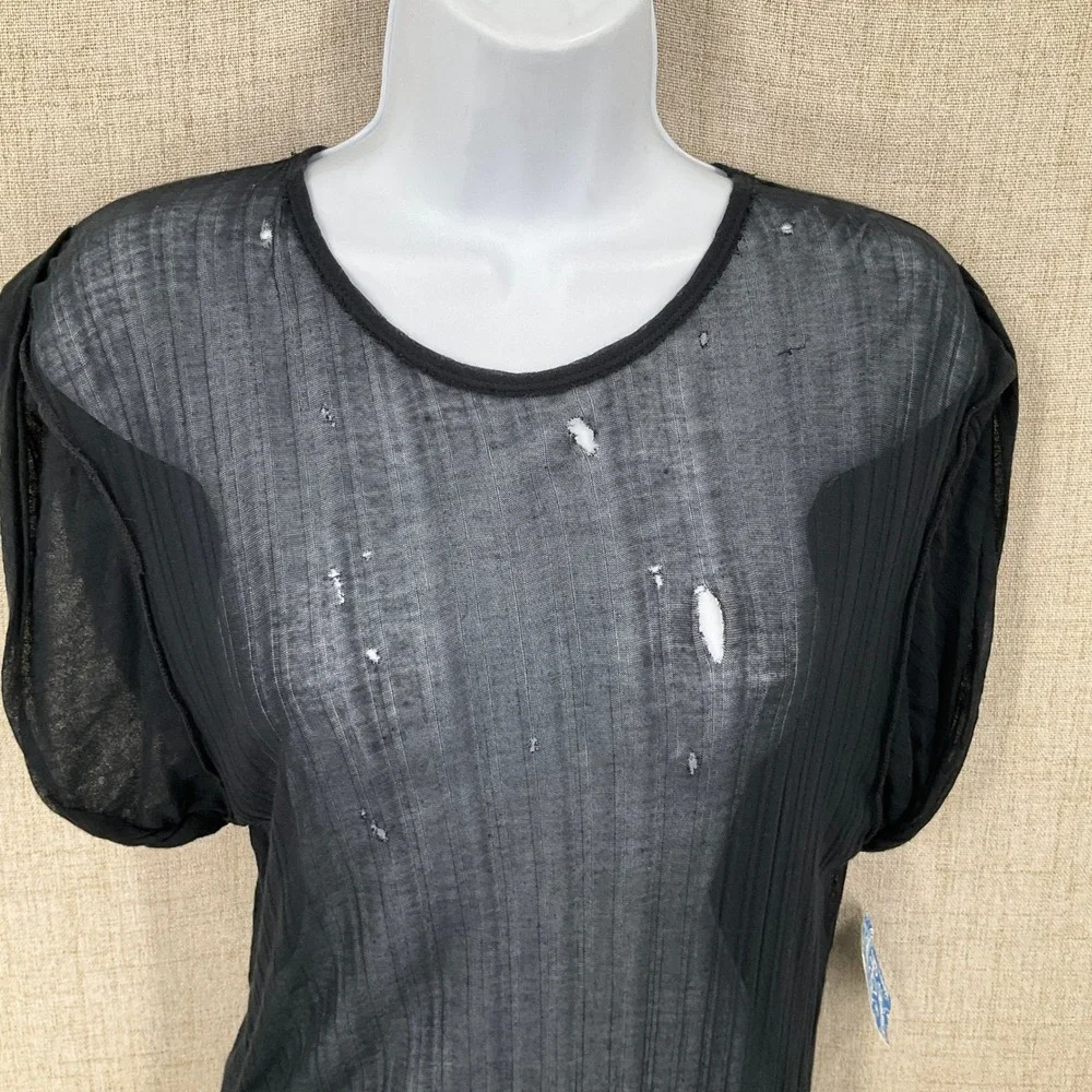 Free People Top Womens M Black Boho Mesh Distressed Grunge Edgy Goth NEW
